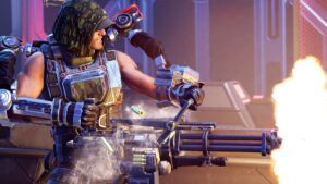 An XCOM soldier wields an enormous gun